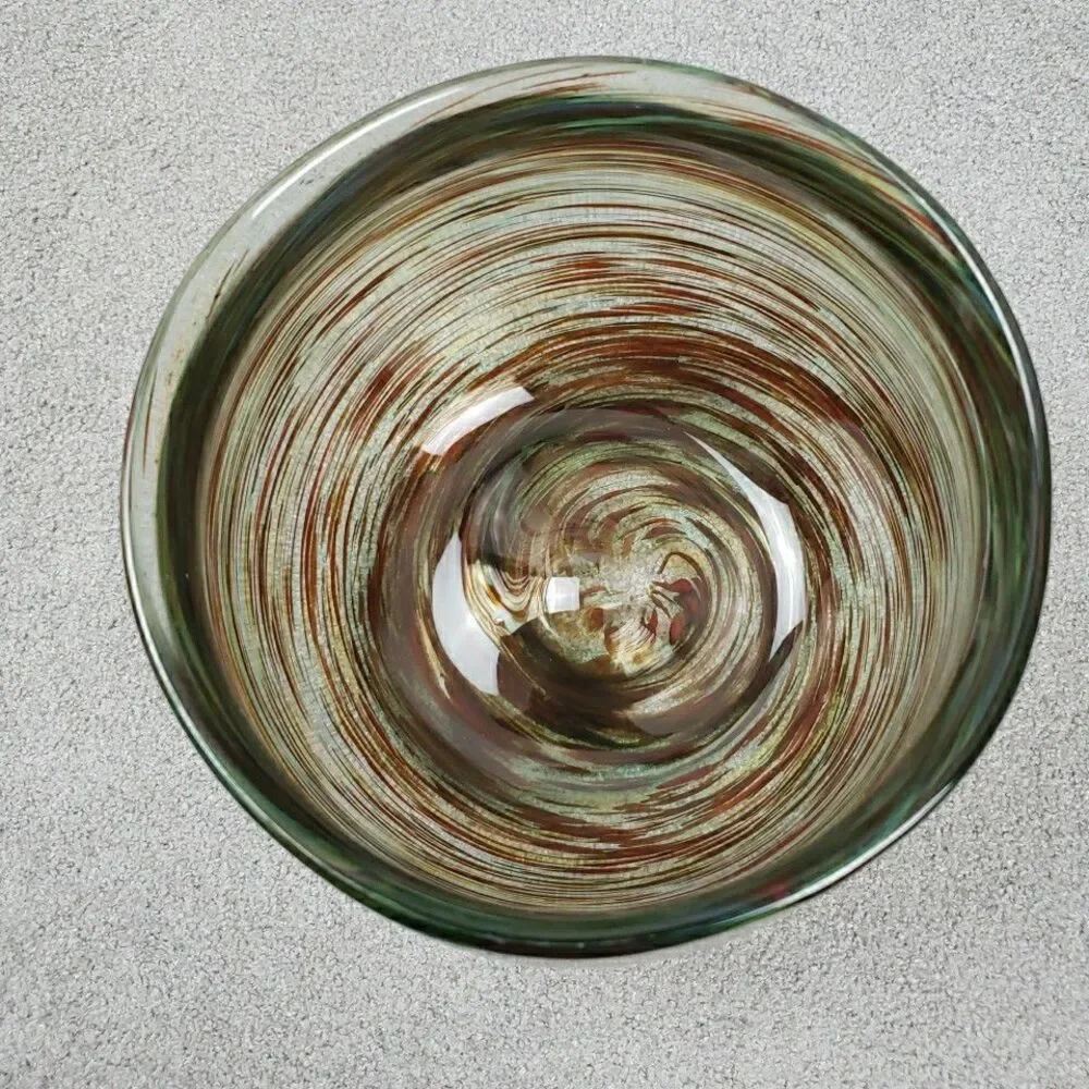 David Kolasky Signed Studio Blown Art Glass Vase Brown & Multi Swirls Bowl